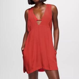 Prana Fernie V-Neck Mini Dress Women S Rose Fire Crinkle Fabric Cover Up Pockets